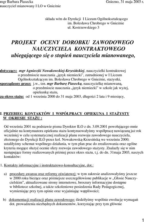 Projekt Oceny Nauczyciela Stażysty W Szkole projekt oceny od opiekuna - Pobierz pdf z Docer.pl